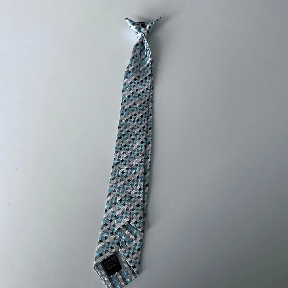 Boys Gray and Blue Plaid Clip-On Tie - 17 Inch